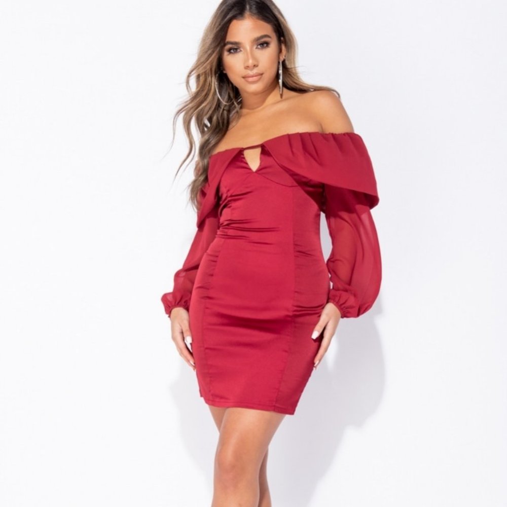 Burgundy Satin Silk Long Balloon Sleeve Off Shoulder Bodycon Mini Dress - Picture 2 of 8